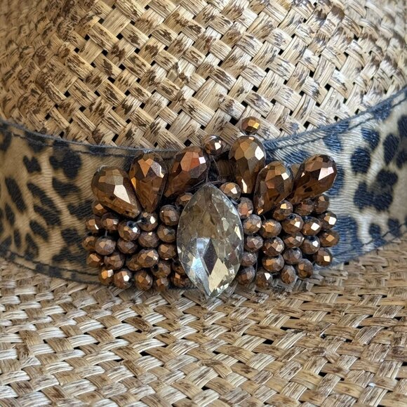 Leopard Print Straw Cowboy Hat With Rhinestone Embellishment & Adjustable Bow De - Picture 3 of 13